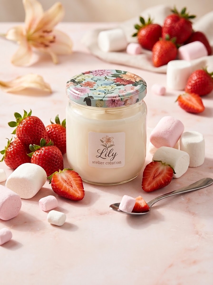 Bougie Gourmande Fraise & Chamallow – Lily Atelier Création